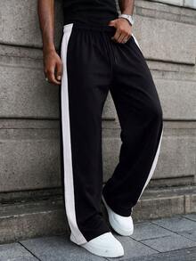 1pc Men's American Vintage Style Side Vertical Stripe Split Hem Wide Leg Loose Fit Straight Leg Sweatpants - Black - View 1