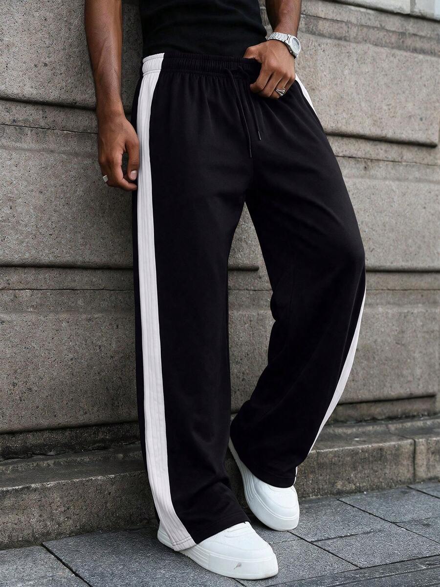1pc Men's American Vintage Style Side Vertical Stripe Split Hem Wide Leg Loose Fit Straight Leg Sweatpants - Black - View 1
