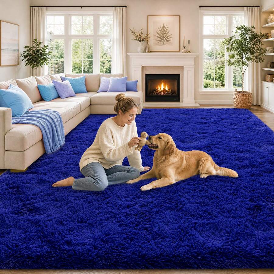 Soft Shag Rugs For Bedroom, Blue Fluffy Shaggy Rugs For Living Room, Luxury Modern Plush Carpet Girls Boys Room Dorm Indoor Home Decor, Upgrade Non-Slip - 藍色 - 查看 1