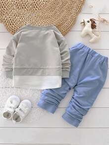 Baby Boy Spring/Autumn Fashion Applique Embroidered Personalized Hem Long Sleeve Pants Set - Khaki - View 2
