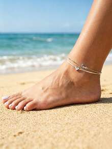 Women's Multi-Layer Snake Chain Anklet, Delicate Bow/Heart Pendant Anklet, 18K Gold Plated & Silver Plated Waterproof Summer Beach Foot Jewelry - Silver - View 2
