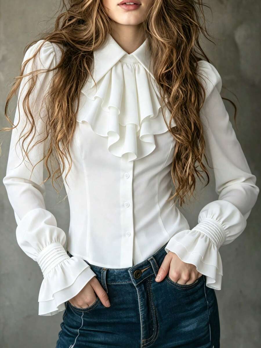 Women's Autumn Commute Elegant Vintage Court Style Gothic Multi-Layer Ruffle Waist-Cinching Blouse, Halloween, Streetwear, Party - White - View 1