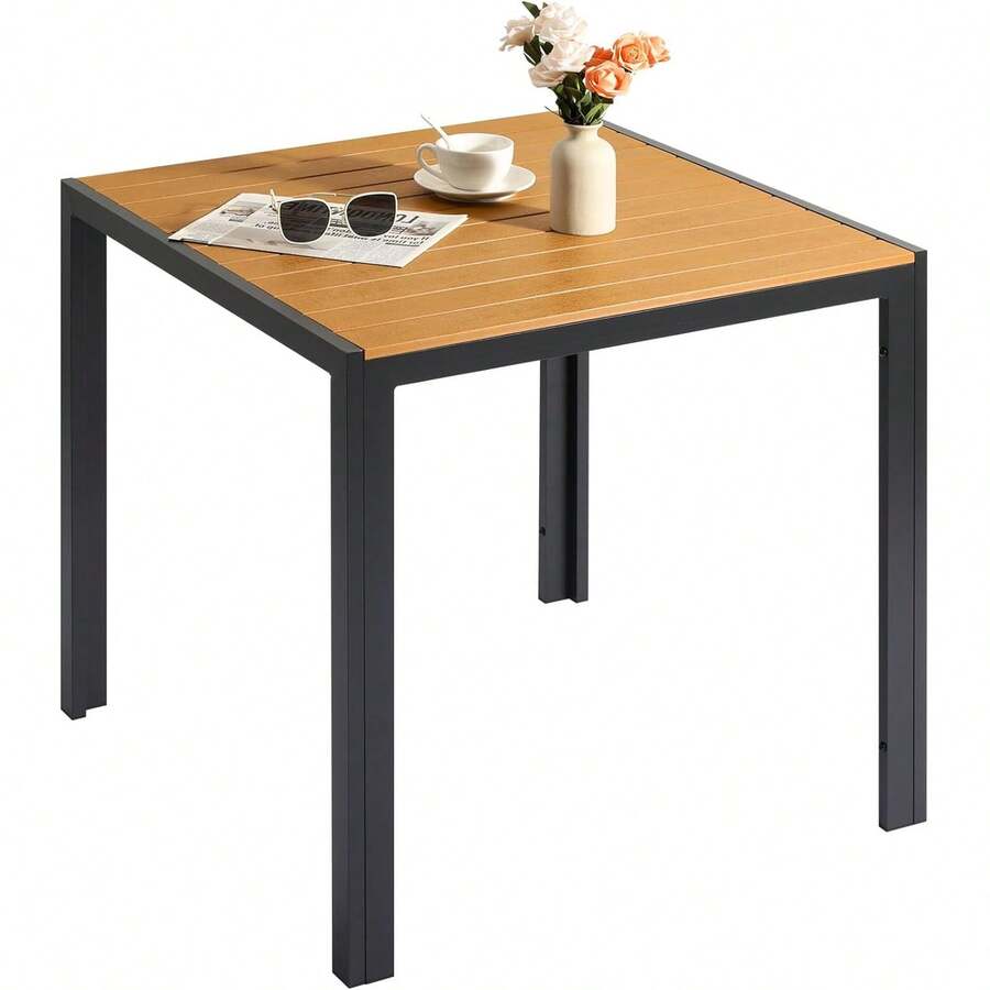 Garden Table 75x75cm, Weatherproof WPC Square Patio Table With Aluminium Frame, Rustproof Lightweight Outdoor Bistro Table For Garden, Balcony, Deck - Black + Teak - View 1