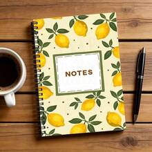 1pc 50-Page A5 Spiral Notebook, Light Beige Cover Decorated With Yellow Lemon And Green Leaf Pattern, Accented With Small Brown Dots, White Rectangular Frame With Green Border And "NOTES" Text In The Center, Black Spiral Binding Design, Lined Pages, Suitable For Journaling - Lemon - View 2