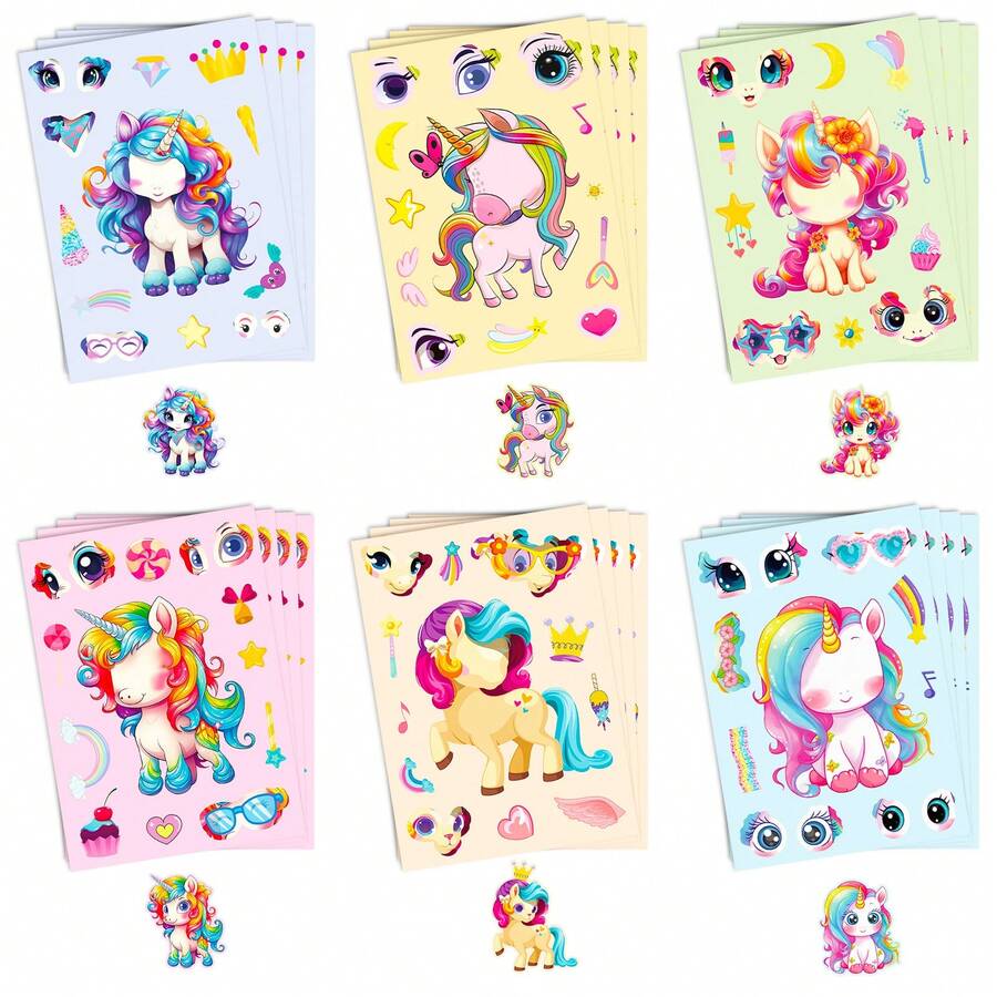 6pcs Dreamy Unicorn DIY Face Changing Stickers, Rainbow Pony Collage Stickers, Creative Handmade Gift For Girls, Quiet Book Craft Supply - Multicolor - View 1