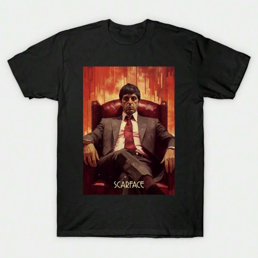Scar Face Tony Montana Hip-Hop-Grafik-T-Shirt, Oversized Rundhals-Baumwoll-Kurzarm-Grafik-T-Shirt - Schwarz - Übersicht 1