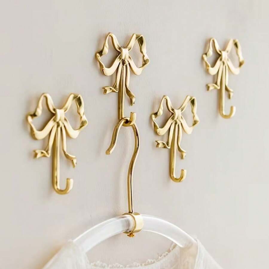 1/4 Gold Bow Wall Hook | Metal Material Wall-Mounted Baked Lacquer Craft Easy Installation, Used For Hanging Keys, Entryway, Bathroom Or Living Room Decoration, Practical Hook, Other Hooks, Wall Hooks, Functional Hooks - Multiple Styles - View 1