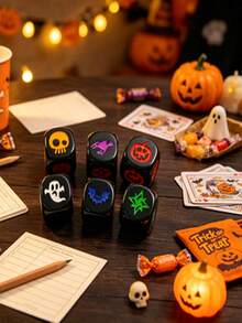 6-Sided Engraved Acrylic Halloween Dice, MTG Magic Tabletop Game Spell Counter Dice, Skull Pumpkin Ghost Pattern Dice, Halloween Party And Tabletop RPG Game Gift (6pcs/Box) - Multicolor - View 5