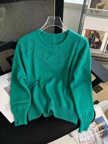 Sweater Pullover Leher Bulat Berlubang Warna Polos Lembut Musim Gugur/Dingin, Atasan Rajut Lengan Panjang Kasual Serbaguna dan Elegan - Danau Hijau - View 1