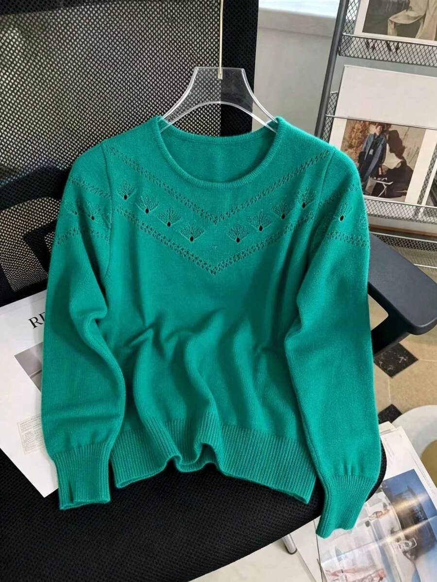 Sweater Pullover Leher Bulat Berlubang Warna Polos Lembut Musim Gugur/Dingin, Atasan Rajut Lengan Panjang Kasual Serbaguna dan Elegan - Danau Hijau - View 1