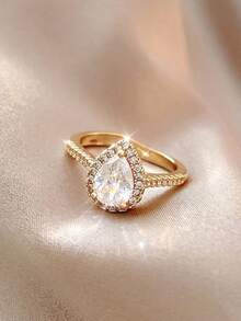 1pc Gold Copper Material Fashion Exquisite Luxury Elegant Water Drop Sparkling Rhinestone Cubic Zirconia Open Ring Suitable For Women Girls Daily Holiday Date Wedding Vacation Commute Wear - Gold - View 2