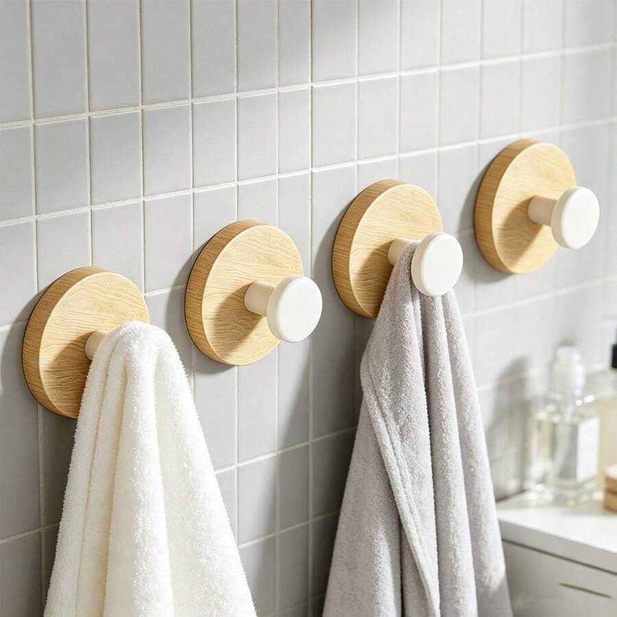 1/4/8Pcs Dual Color Round Wood Wall Hanging Hooks, No Drill Strong Adhesive Decorative Knob Hooks, Nordic Style Home Organizer Hooks For Bathroom Closet Entryway Use - Multicolor - View 1