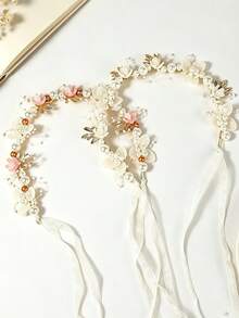 1件女款花環珍珠滿天星裝飾綁帶髮箍，適合婚禮 - 白色 - 查看 4