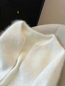Women's Cozy White Knit Cardigan Long Sleeve Regular Length Round Neck Medium Stretch For Fall Outfits - White - View 10