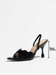 Women's Black Asymmetrical Heel High Heel Sandals, Round Toe Open Toe With Back Strap, Exquisite Sequin And Bead Decoration Luxury, Mirror Texture High-End Comfortable, Fashionable Romantic Elegant, Perfect For Creating Light Luxury, Party, Date, Vacation Or Wedding Looks, Eye-Catching Gold High Heel Women's Shoes - Black - View 3