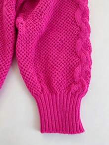 Soft Style Twisted Knit Crew Neck Loose Fit Lazy Solid Color Hollow Out Pullover Sweater - Hot Pink - View 4