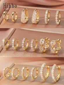 Hihho 6pcs Multi-Style Full Cubic Zirconia Gold Ear Cuff Set, Light Luxury Fashion Earrings With Teardrop, Rhinestone Chain, Geometric Patchwork Shapes, Minimalist Silhouette With Diamond Details, Combining Minimalist Sophistication And Sparkling Layered Texture, Versatile For Commuting, Daily, Workplace, And Light Social Occasions - Gold - View 8