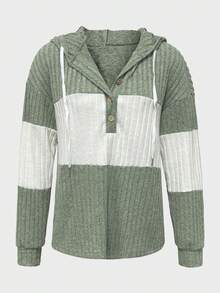 Women's Drawstring Contrast Color Button Design Hooded Knit Sweatshirt - Green - View 3