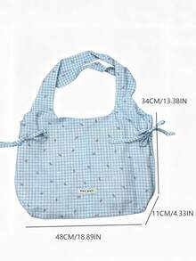 Japanese & Korean Style Niche Design INS Minimalist Fashion Plaid Fresh Bowknot Drawstring Shoulder Tote Bag For Commuting, Outings, Daily Shopping - Blue - View 5