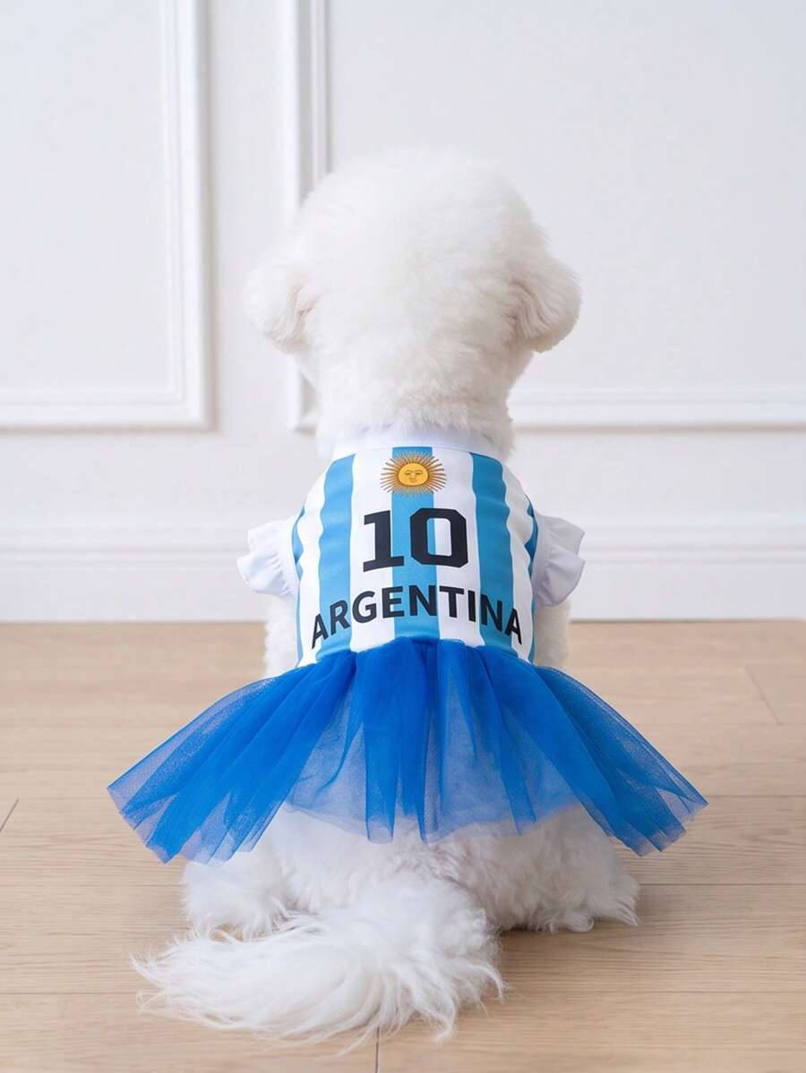 LUCKIE LABO 1pc ARGENTINA Letter Print Flutter Sleeve Cute Princess Style Tulle Dress For Chihuahua Small Dogs, Wedding Season Pet Clothes Suitable For Cats And Dogs Indoor And Outdoor - Multicolor - View 1