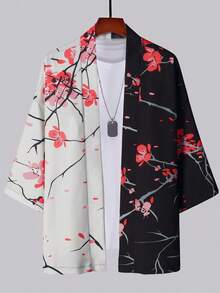 Japanese Vintage Loose Fit Versatile Contrast Color Floral Print Kimono Summer Fashion Beach Vacation Cover-Up Yukata Sun Protection Cover Up Jacket - Black and White - View 5