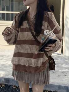 女款拼色休閒百搭日常長袖針織衫 - 咖啡棕 - 查看 4