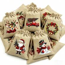 1/6/12pcs,Christmas Burlap Gift Bags, Small Gift Bags With Drawstrings, Suitable For Christmas, New Year Parties, Country Parties And Other Party Favors - Multicolor - View 5
