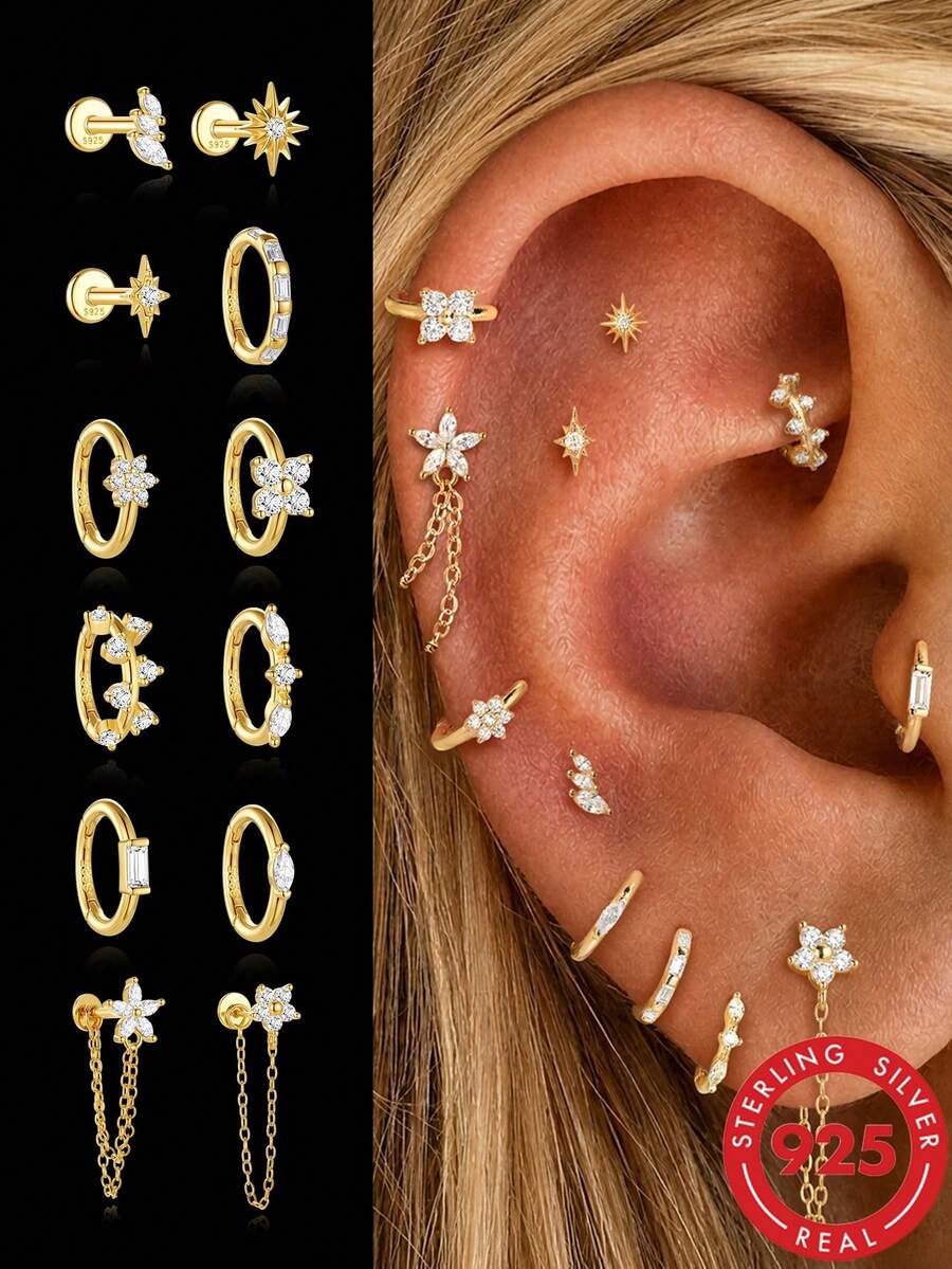 1Pc 925 Sterling Silver Gold Plated Hoop Earring Ear Cartilage Nose Rings Piercing Hypoallergenic Jewelry For Birthday Wedding Bridal Gift Men Women