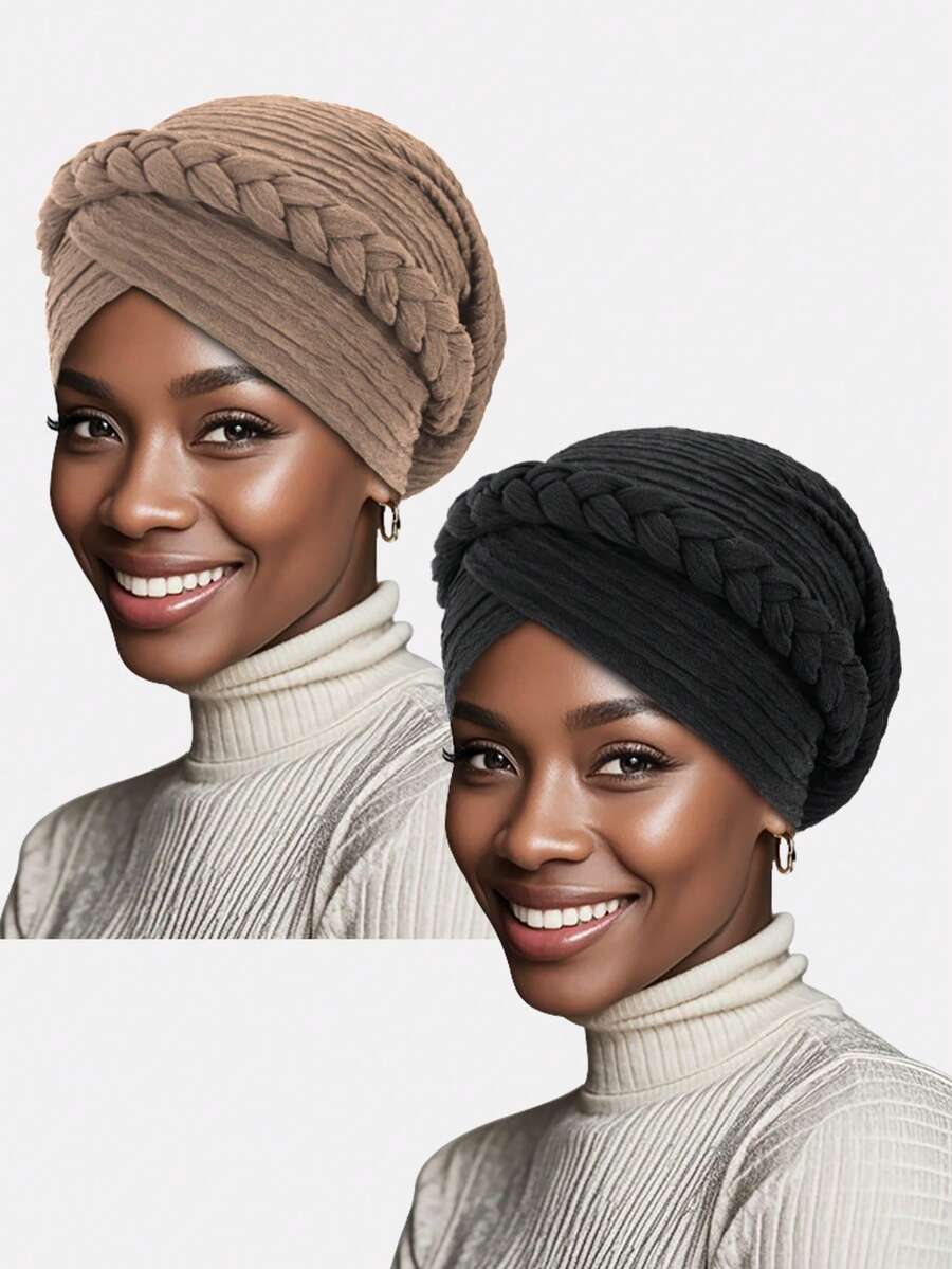 2pcs Women's Ruched Handmade Braided Headscarf Hats, Suitable For Daily Wear - Multicolor - View 1