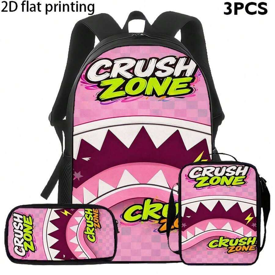 Set di 3 pezzi CRUSH ZONE con motivo a denti di squalo rosa, include zaino, borsa a tracolla e astuccio, design cartoon alla moda, grande capacità e portatile, adatto per l'uso quotidiano degli studenti. Stampa piatta 2D - Set da tre pezzi - Visualizzare 1