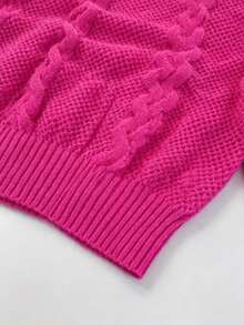 Soft Style Twisted Knit Crew Neck Loose Fit Lazy Solid Color Hollow Out Pullover Sweater - Hot Pink - View 5
