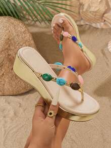 Thick Sole Wedge Colorful Stone Flip Flops, Height-Enhancing Slimming Vacation Style Sandals - Gold - View 3