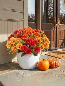 3/1 18heads Artificial Autumn Chrysanthemum Flowers, UV Resistant Realistic Non-Fading Fake Mums Marigolds Plant, Autumn Floral Arrangements For Outside, Garden, Yard Suitable For Vases, Table Centerpieces, Wedding Decor, Autumn Home Decor (Orange, Burnt Orange, Red) - Multicolor - View 4
