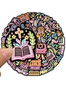 50pcs/Pack Funny Neon Colorful Jesus Bible Stickers, Decorative Decals For Laptop Guitar Luggage Notebook Phone Stationery Sticker - Multicolor - View 8