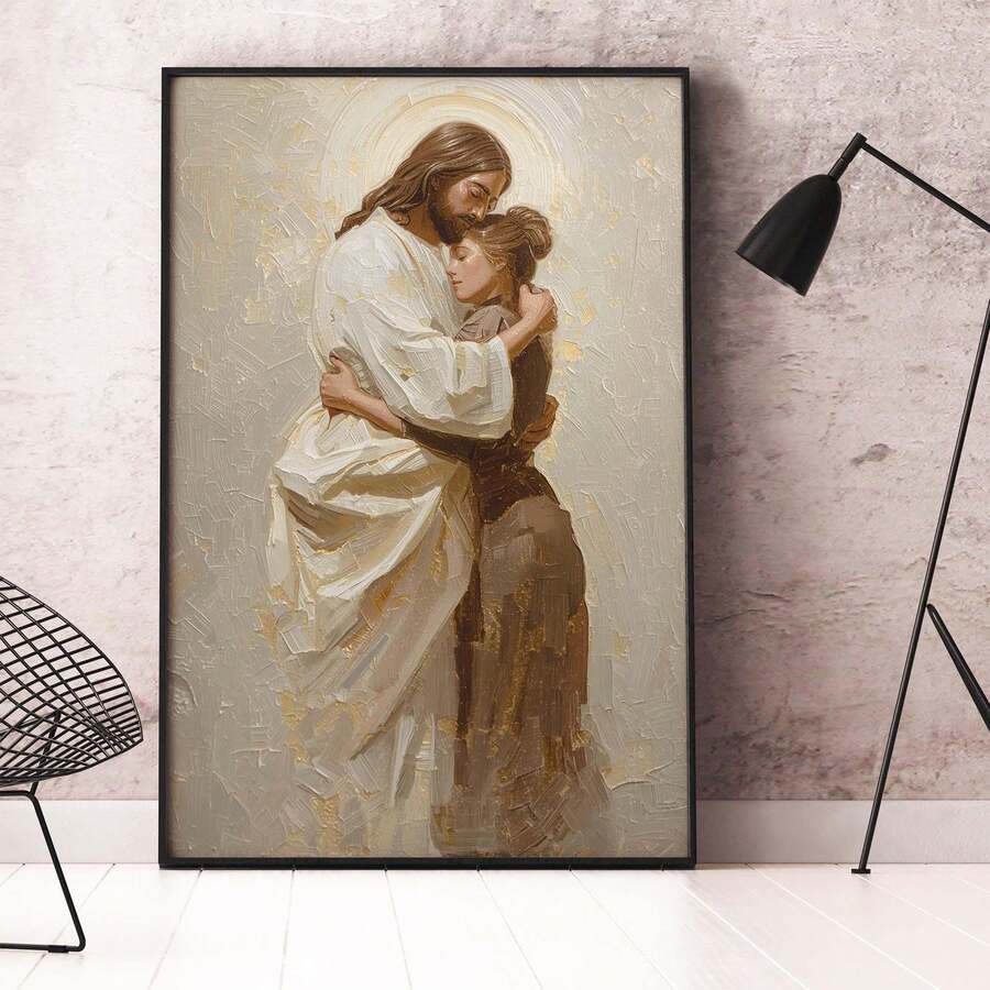 1pc 2D Flat,Vintage Jesus Embracing Girl Wall Art, Christian Inspirational Painting, Religious Artwork, Suitable For Bedrooms, Living Rooms, And Study Rooms Wall Arts Posters,NO Frame - A - View 1
