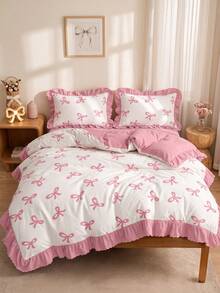 2/3pcs Ruffle Duvet Cover Set, Dorm Bedding, Cute Pink Bow Bedding Set, Cozy Room Decor, Skin-Friendly Breathable, Ultra Soft Anti-Pilling, Duvet Insert Not Included, Suitable For Single/Double/Queen/King Bed, All Seasons, Machine Washable, Back To School - Multicolor - View 7
