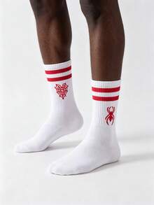 2/4 Pairs Men's Gothic Style Halloween AB Mid-Calf Socks, Printed With Spider And Spider Web Patterns, Fun Mid-Calf Socks, Versatile And Comfortable, Suitable For Halloween, Daily Sports Wear, Back To School Season, Perfect Gift - Multicolor - View 6