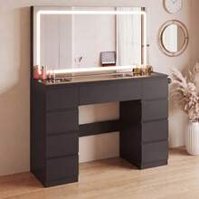 Devoko Modern Vanity Table With Extra Large LED Mirror, 3 Light Colors And Dimmable Brightness, Dressing Table With Glass Top, 9 Drawers, Power Strip And Hair Dryer Holder, White/Black - Black - View 3