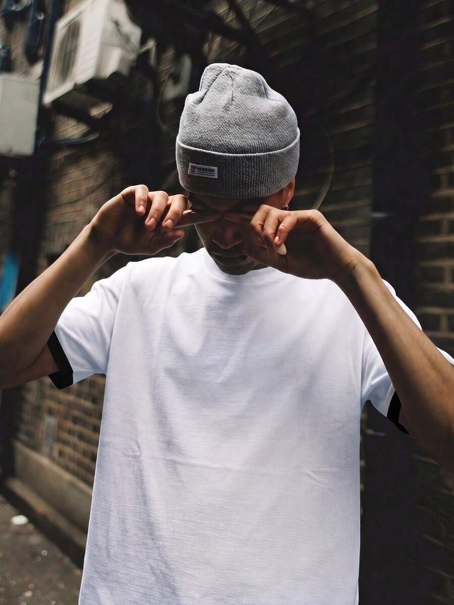 Men's Summer Contrast Cuff Crew Neck T-Shirt, Loose Casual Style Suitable For Daily Wear - White - View 1