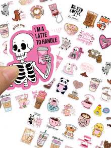 50pcs Fun Coffee Stickers, Pink Cartoon Doodle DIY Notebook Diary Stationery Bottle Stickers, Student Gift - Multicolor - View 11