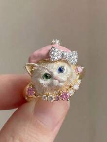 1pc Fashion Sweet & Cool Pink Gold Odd-Eyed Cat Bow Beret Open Ring, Unisex Personalized Versatile Decorative Index Finger Ring, Niche Gift For Cat Lovers And Pet Owners - Gold - View 6