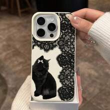 TPU Material Sweet Vintage Lace Black Cat Bow Pattern Phone Case Compatible With IPhone 17 Pro Max/17/16 Pro Max/15/13/12/11/ S20 FE/A15/S24/A55/ Note 11/Note 12/Note 13 Pro Full Coverage Anti-Drop Soft Shell Phone Protective Cover - White - View 3
