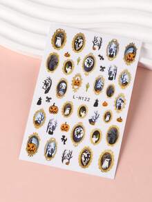 2 Peças Adesivos de Arte de Unhas com Moldura Dourada para Halloween, Silhueta Escura Vintage, Fantasma, Abóbora, Árvore Murcha, Aranha, Padrão de Morcego, Decoração de Unhas DIY para Festa de Halloween em Estilo Gótico, Suprimentos de Arte de Unhas de Outono - Multicolorido - Visão 6
