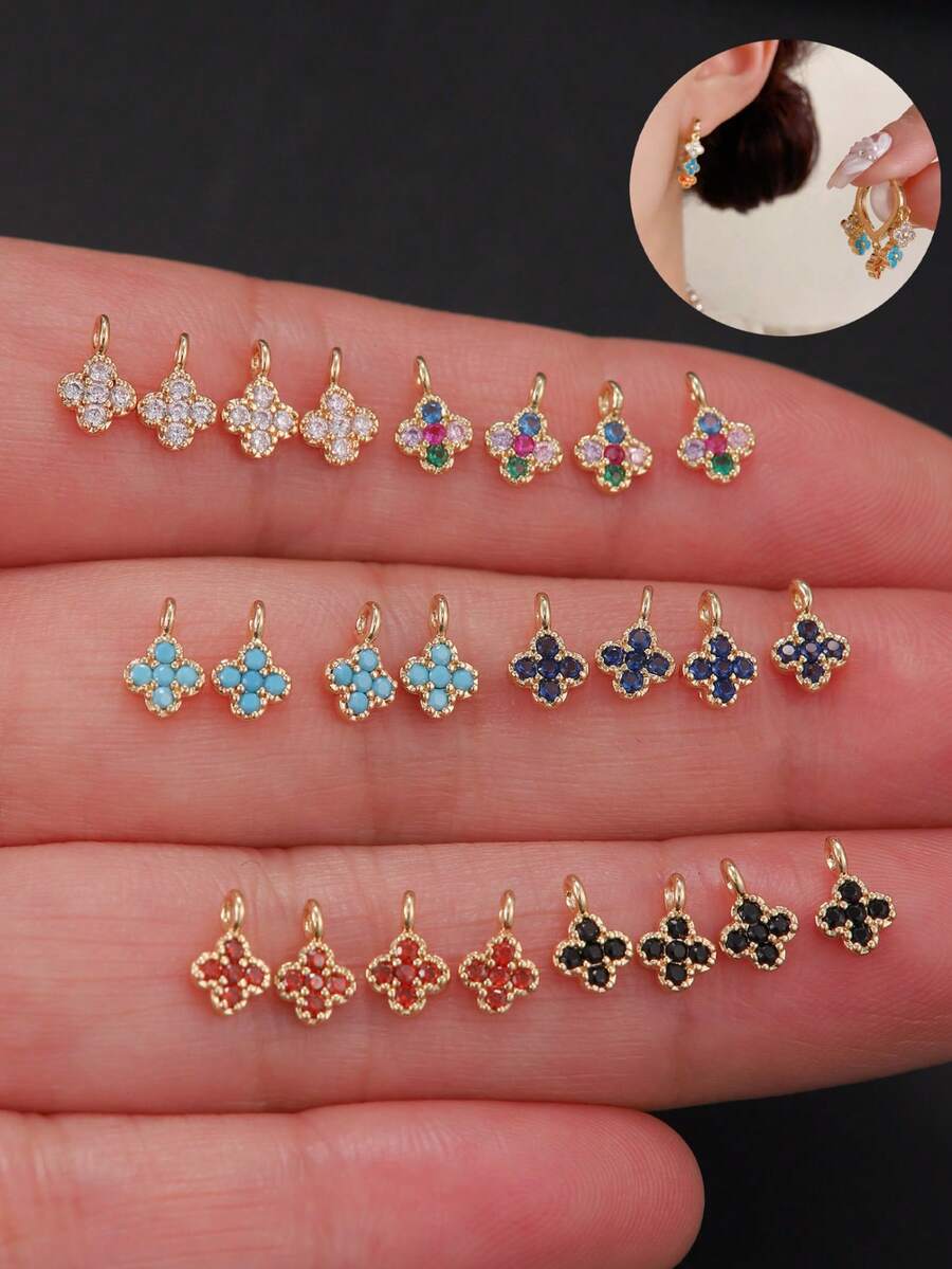 8pcs Mini Four-Leaf Clover Micro-Inlaid Colorful Zirconia Charms DIY Piercing Earrings, Bracelets, Anklets, Waist Chain Accessories, Best Handmade DIY Gift