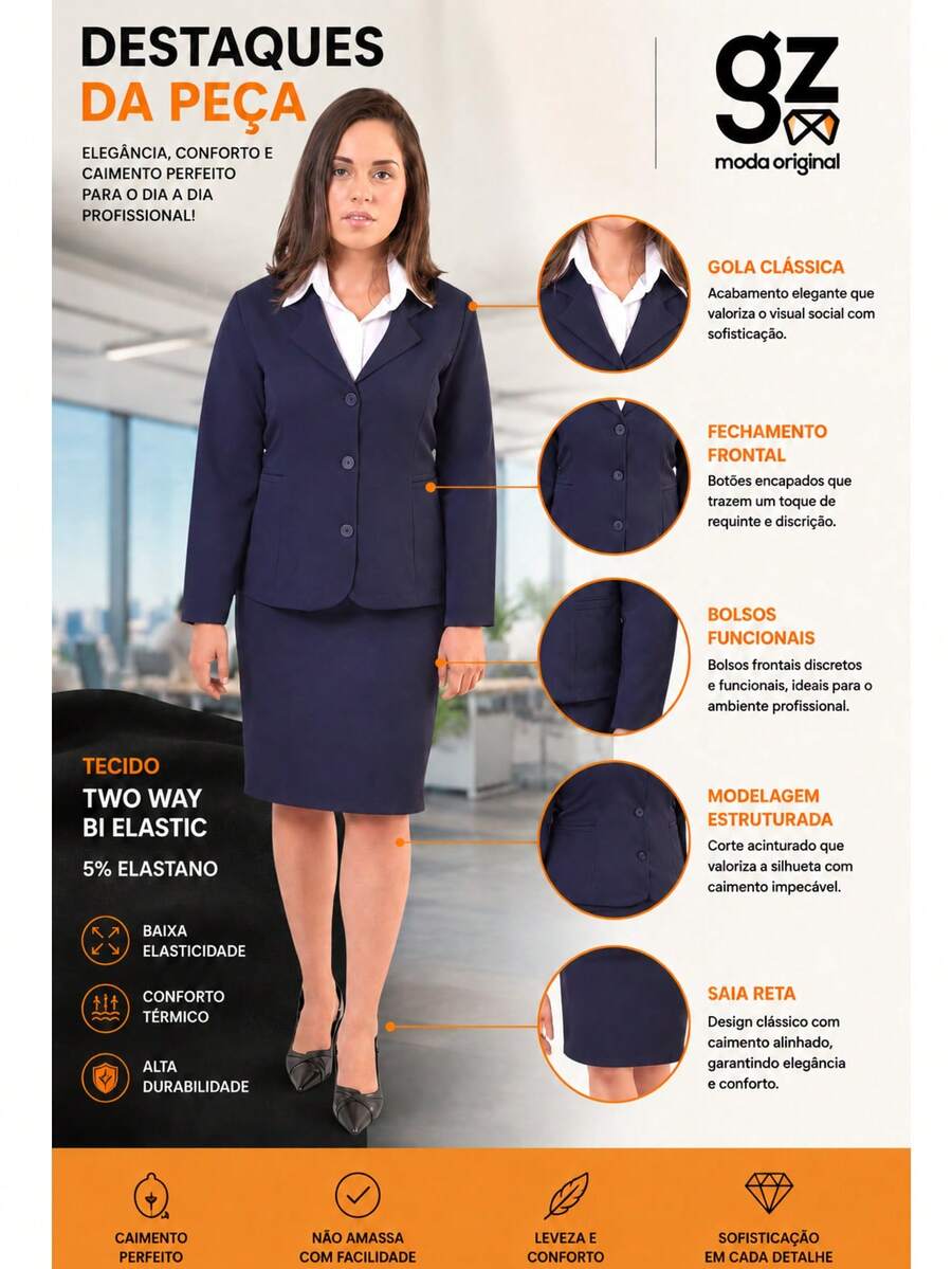 Lined Blazer And Skirt Set For Secretary And Receptionist - Navy Blue - View 1