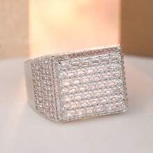 Women's Fashion Wide Band Ring, Square Face Fully Set With Synthetic Zirconia, Luxury High-Profile Versatile Style, Suitable For Evening Gowns, Eye-Catching Finger Ring - Silver - View 6