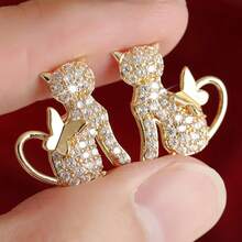 DIYCCPC Women's Vintage Fashion Earrings, Cat And Butterfly Shaped Design, Perfect For Daily Commute, Dating And Gifting - Gold - View 5