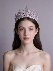 1pc Elegant & Luxurious Rhinestone Baroque Crown Hair Accessory, Bridal Wedding Headpiece, Romantic Princess Ball Party Event Hair Crown - Mauve Purple - View 3