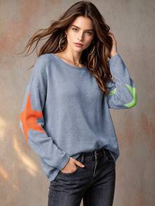 女款圓領拼色星星提花長袖套頭毛衣，街頭風酷感與舒適保暖兼具，適合初秋 - 霧霾藍 - 查看 1