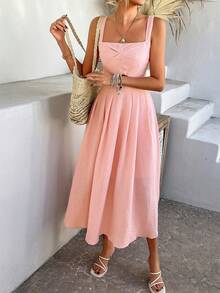 Women Pink Cutout Midi Dress, Pleated Back Smocked Square Backless Summer Fall Business Office Workwear Back To School Y2K Going Out A Line Dress - Pink - View 5